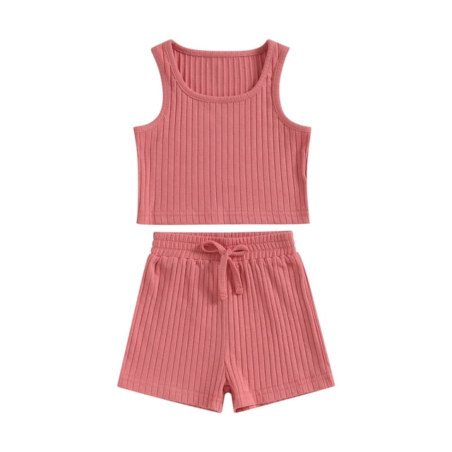 SUNSIOM Kids Girl Summer Outfits Solid Color Sleeveless Rib Knit Tank Tops Elastic Waist Shorts 2Pcs Clothes Set