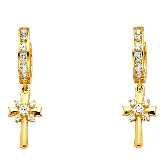 14k Yellow Gold Cross Hanging Studded Dangling Huggies Earrings Jewelry Female Unisex