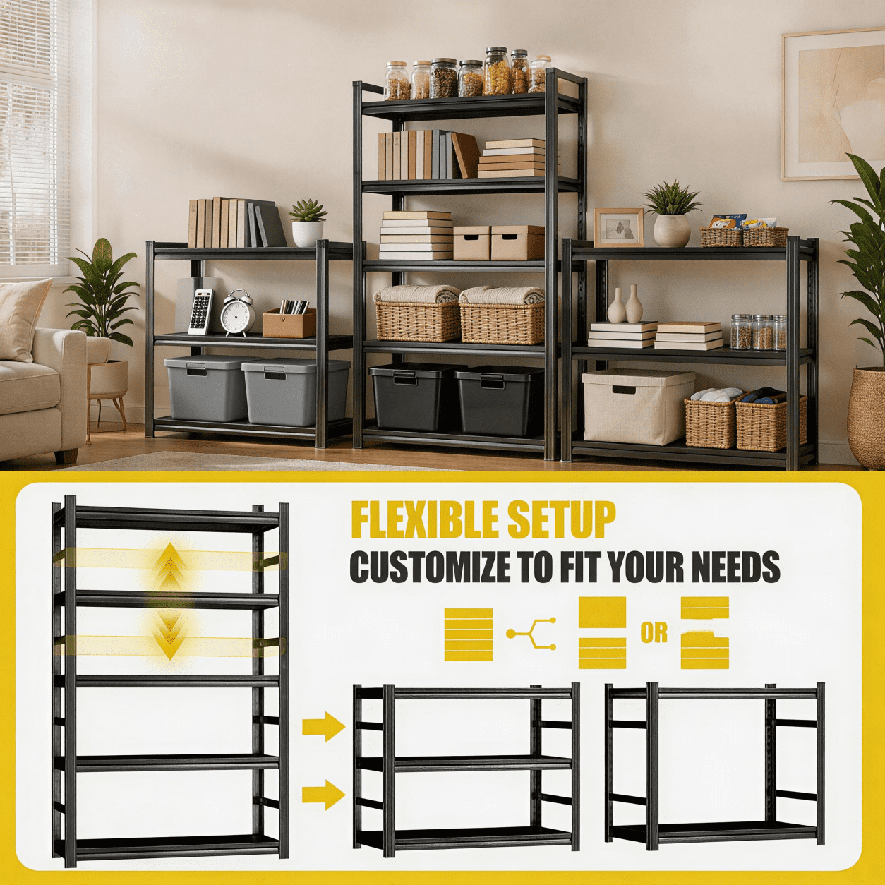 72" H Metal Bookshelfwith Fences, 3000LBS Industrial Bookshelves, 5-Tier Display Bookcase, Adjustable Bolt-Free Storage Shelves for Living Room, Bedroom, Garage, Kitchen, Black