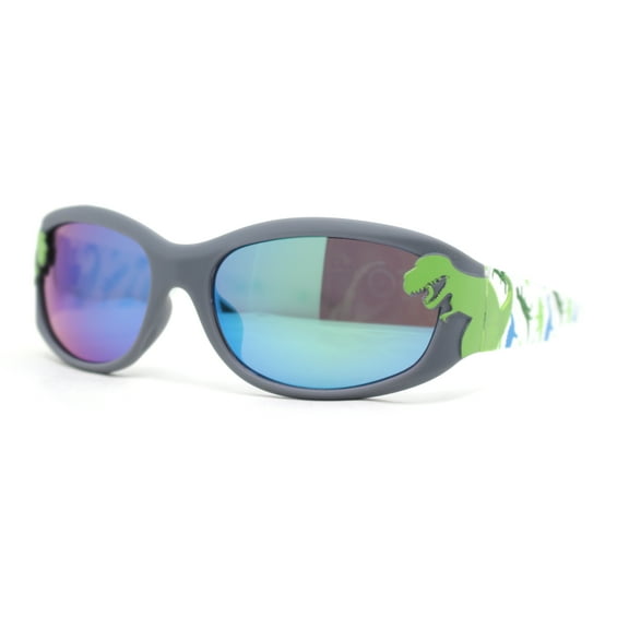 Boys Color Mirror T-Rex Dinosaur Print Arm Oval Sport Sunglasses Grey - Teal Mirror