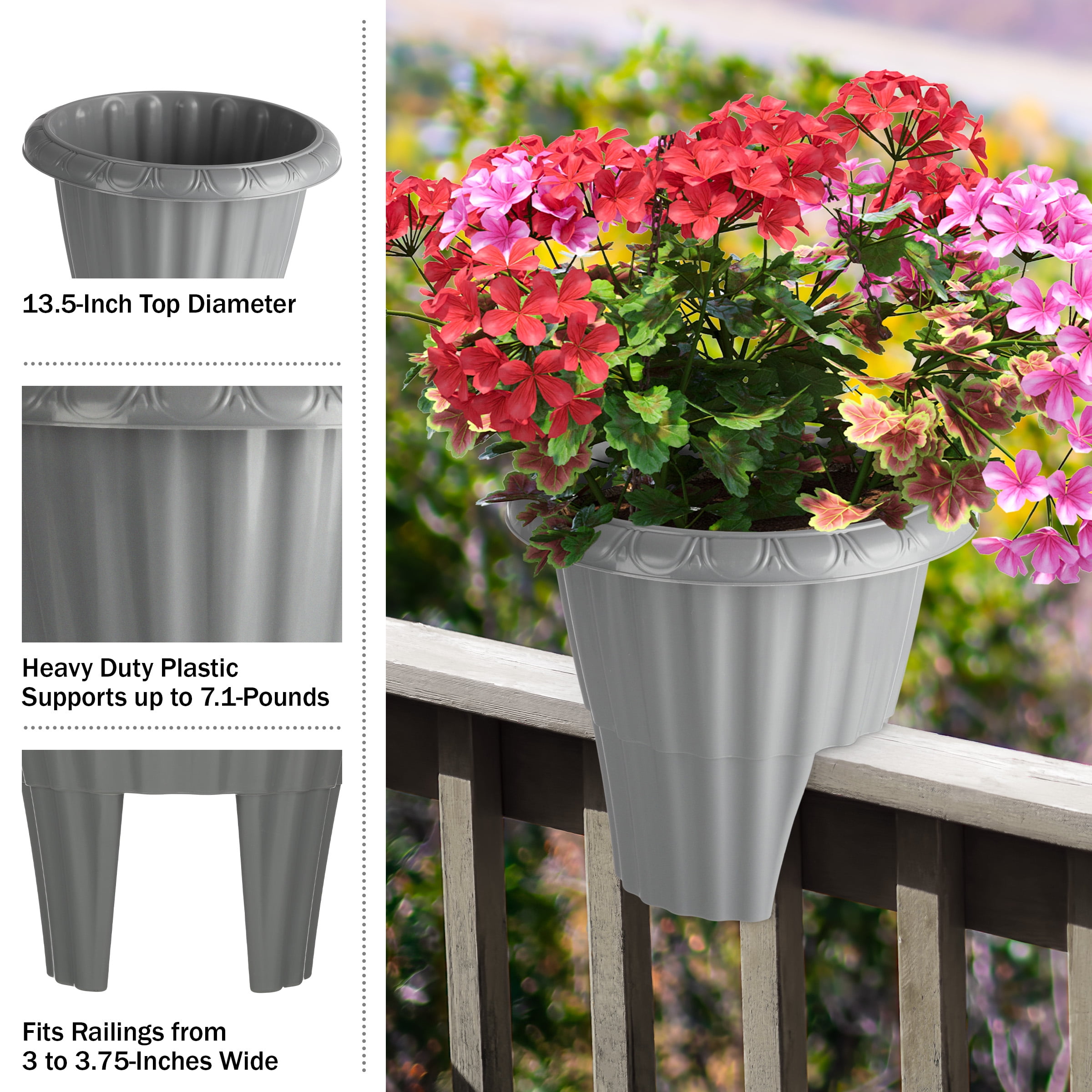 Pure Garden 13.5in Plastic Railing Planter - 2.6- gal Outdoor Flower Pot, Gray