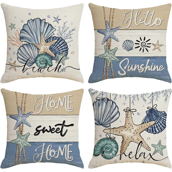 Coastal Summer Throw Pillow Covers 18 in x 18 in, Blue Farmhouse Starfish Seashell Cushion Case for Sofa Couch Set of 4