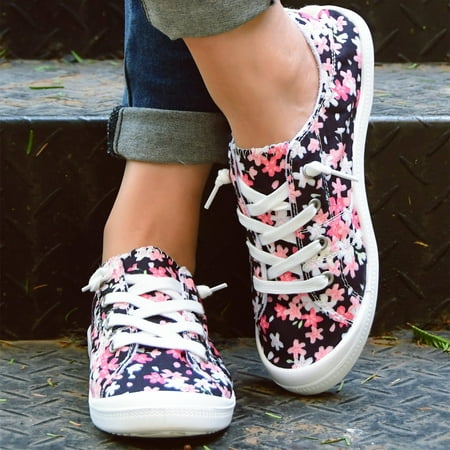 

Women s Floral Print Flat Canvas Shoes Round Toe Lace-up Low Top Shoes Casual Walking Sneakers