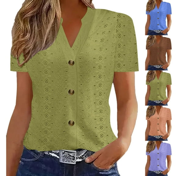 Kilaqueen Hollow Out Womens Blouses Casual Eyelet Embroidered Short Sleeve Summer Tops Lace Button Down Shirts Dressy Eyelet V Neck Blouse
