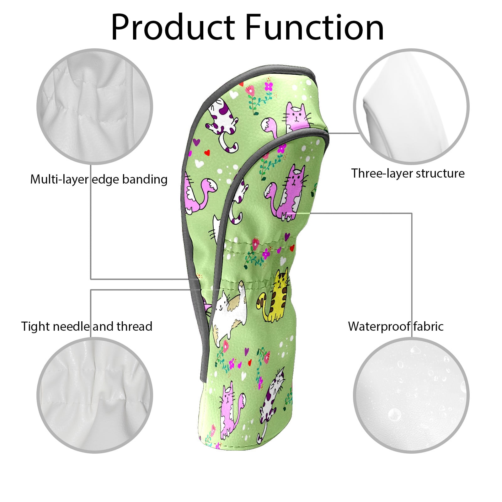 Golf Club Covers, Green Cat Premium PU Leather Driver Hybrid Putter Head Covers with Velvet Lining, Waterproof Golf Gifts for Men Women