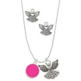 thumbnail image 1 of Delight Jewelry Silvertone Small Hot Pink Enamel Disc Silver tone Guardian Angel Charm Necklace and Stud Earrings, 1 of 4