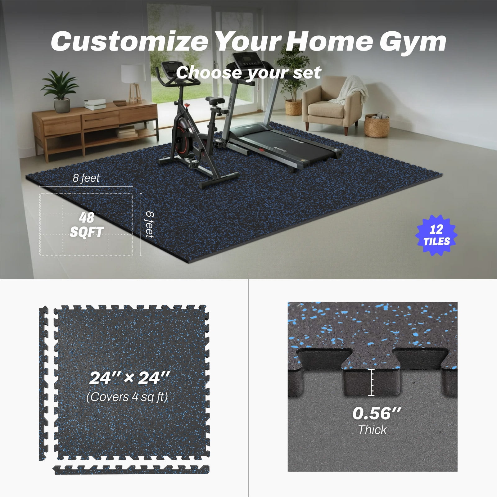 AIRHOP 0.56in Thick 48 Sq Ft Exercise Equipment Mats, 12 Tiles Upgraded Rubber Top with High Density EVA Foam, Gym Flooring for Home Gym, Heavy Weight Workout, 24 x 24in, Black & Blue