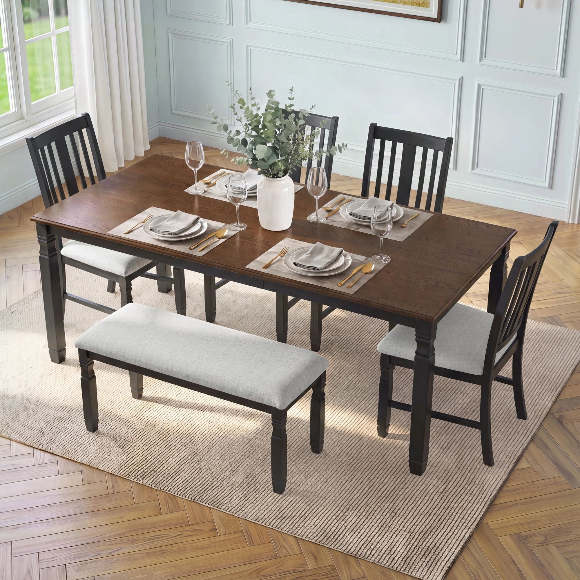 Euroco 6-Piece Dining Table Set for 6, Extendable Kitchen Table Set with 4 Upholstered Chairs and 1 Bench,Farmhouse Dining Set for Small Space, Easy Assembly,Espresso+Black