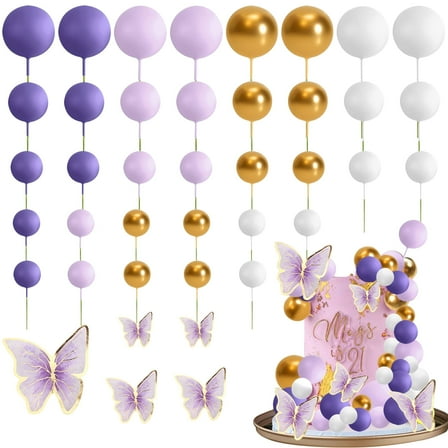 Neasyth 69pcs Purple Cake Decorations, Cake Balls Toppers, 3D Butterfly Cupcake Topper for Anniversary Supplies