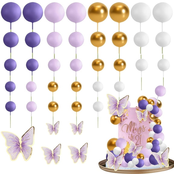 Neasyth 69pcs Purple Cake Decorations, Cake Balls Toppers, 3D Butterfly Cupcake Topper for Anniversary Supplies