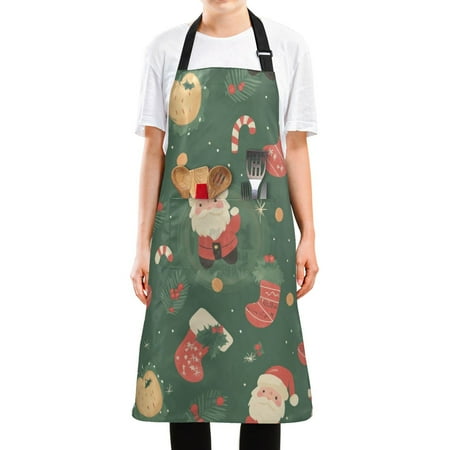 

WOBOGO Cartoon Christmas Elements Santa Claus Long Apron Waterdrop Resistant with 2 Pockets Cooking Kitchen Chef Apron for Women Men