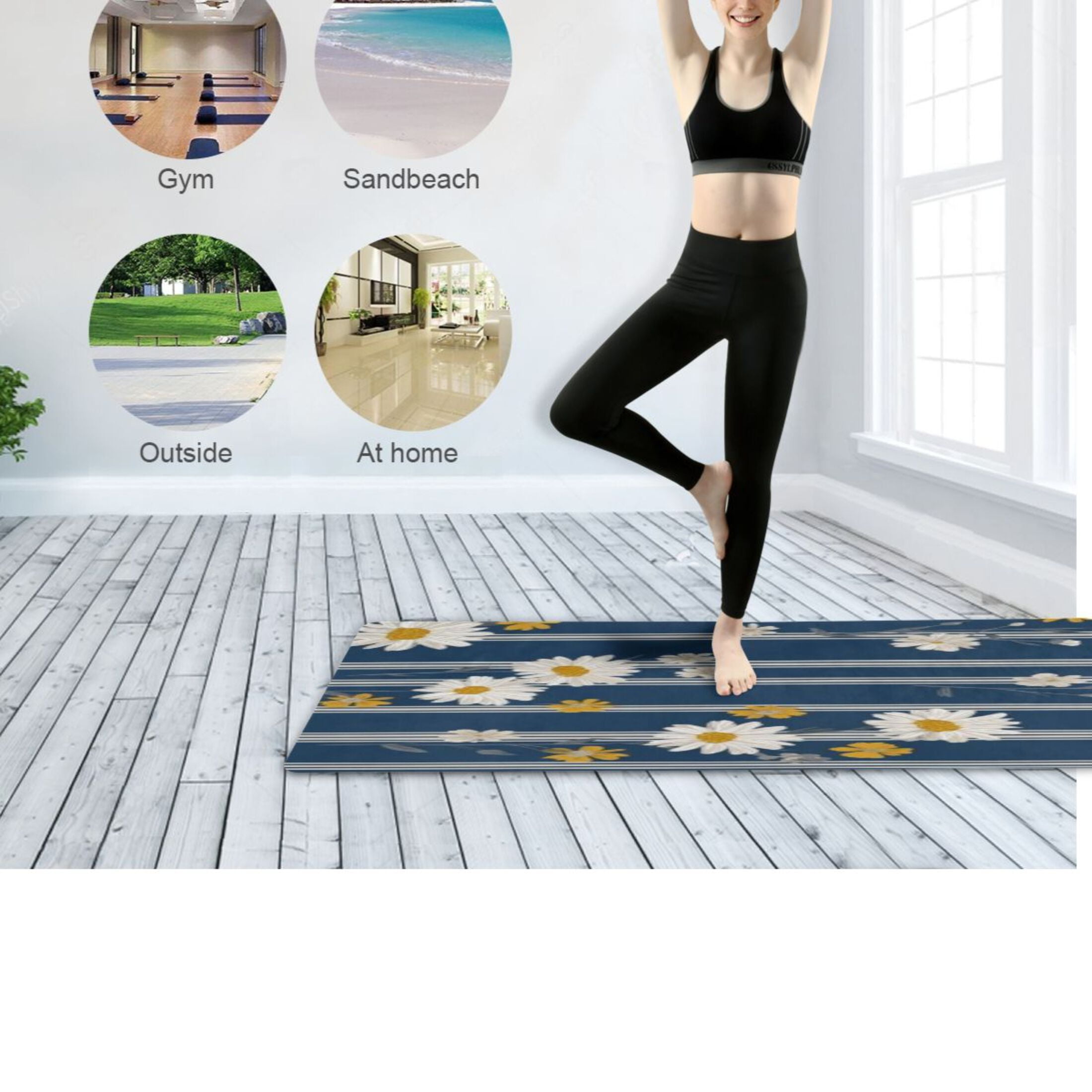 BZSMCE Yoga Mat Women Fitness Mat Stripe White Daisy Pattern