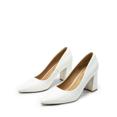 Burudani Women s High Chunky Heel Pump Closed Toe Block Heels Slip On Dress Pumps Shoes WHITE Size 10