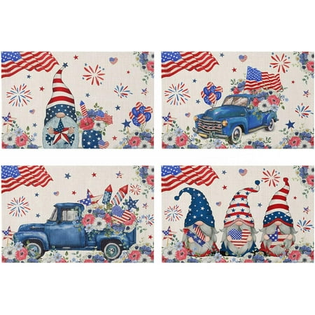 

Independence Day 4th of July Gnom Indoor Placemat Set of 4 Non-Slip Placemats for Kitchen Dining Table Holiday Patio Parties Memorial Day US Flag 13 x19 Washable Durable Cotton Linen Table Mats