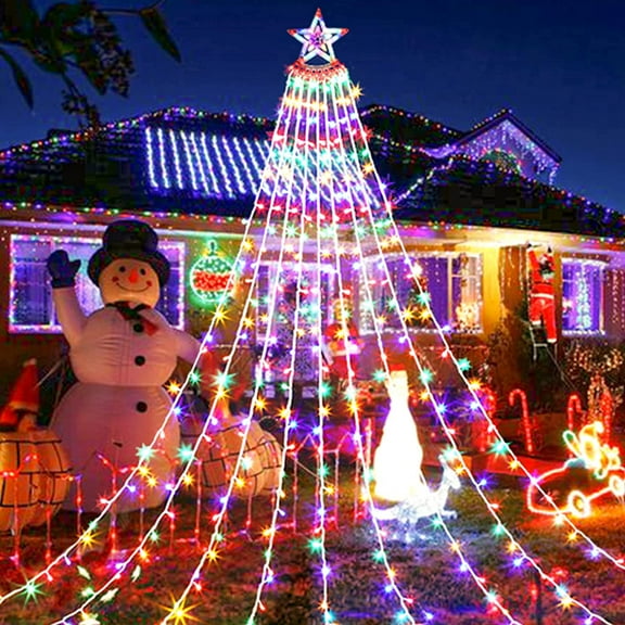 Kizocay Outdoor Christmas Decoration Lights, 8 Modes, 350 LED Star Tree Topper String Lights, Waterfall Fairy Christmas Tree Lights Holiday Lighting Decorations for Yard Lawn Window Wedding Party