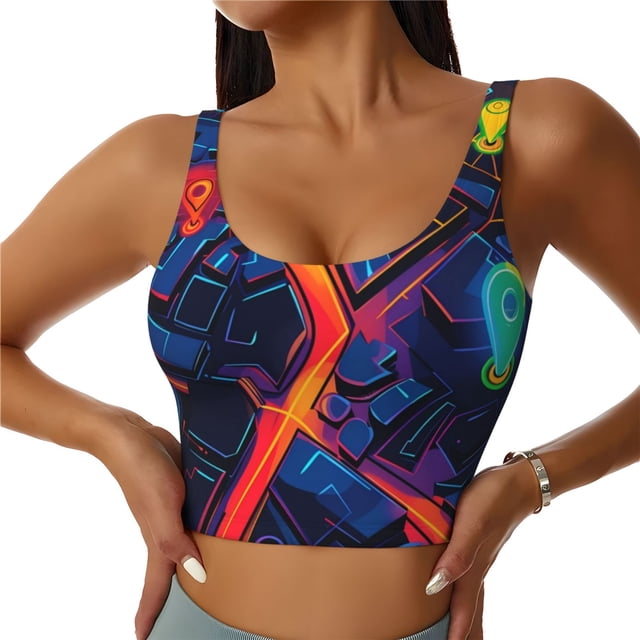 Fotbe Neon City Map Sujetador Deportivo Largo sin Aros para Mujer con Almohadillas y Soporte Medio, Transpirable y Absorbente, Camiseta Tipo Chaleco o Tank Top-Small