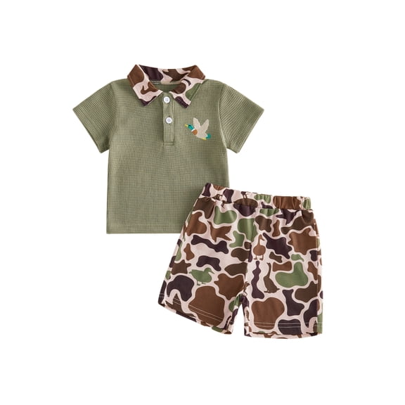 BemeyourBBs Toddler Baby Boy Duck Hunting Outfit Summer Clothes Waffle Knit Mallard Embroidered Button Turn Down Collar Short Sleeve Shirt Tops and Camouflage Shorts Set