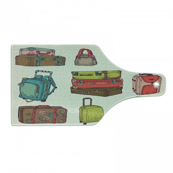 Hipster Cutting Board, Colorful Suitcases Holiday Inspired Design Travelling Abroad Vintage Style Art, Decorative Tempered Glass Cutting and Serving Board, Wine Bottle Shape, Multicolor, by Ambesonne