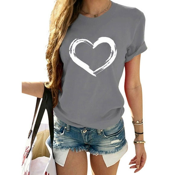 Women's Summer Crew Neck T-Shirt Short Sleeve Casual Love Heart Printed Pullover Tops Tee Shirts Blouse Plus Size S-3XL