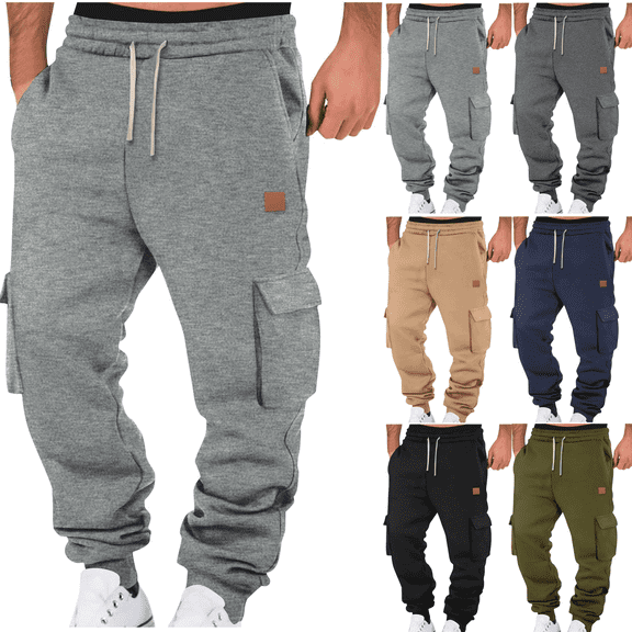 Liuinsasek Men's Cargo Sweatpants Multi-Pocket and Waistband Drawstring Design Tapered Legs Fleece Casual Sport Long Pants