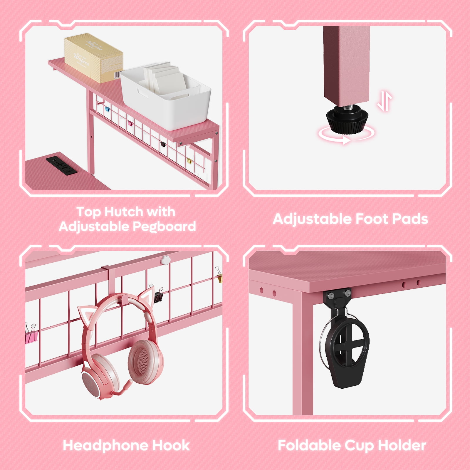 Bestier 42 inch L Shaped Gaming Desk with LED Lights & Power Outlet, Reversible Corner Computer Desk with Hutch & Storage Shelves for Home Office, Pink