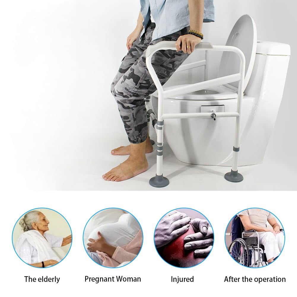 Toilet Safety Rails, Bathroom Frame, Adjustable Height, Bariatric Assist Handrail Grab Bar with Suction Cups, Railing Helper for Elderly, Handicap, Disabled, Seniors, Padded Arms Fit Most Toilets