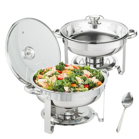 VEVOR Chafing Dish Buffet Set, 4 qt 2 Pack, Stainless Steel Chafer with 2 Full Size Pans, Round Catering Warmer Server with Vented Glass Lid Water Pan Stand Fuel Holder Hook Spoon, at Least 4 People E