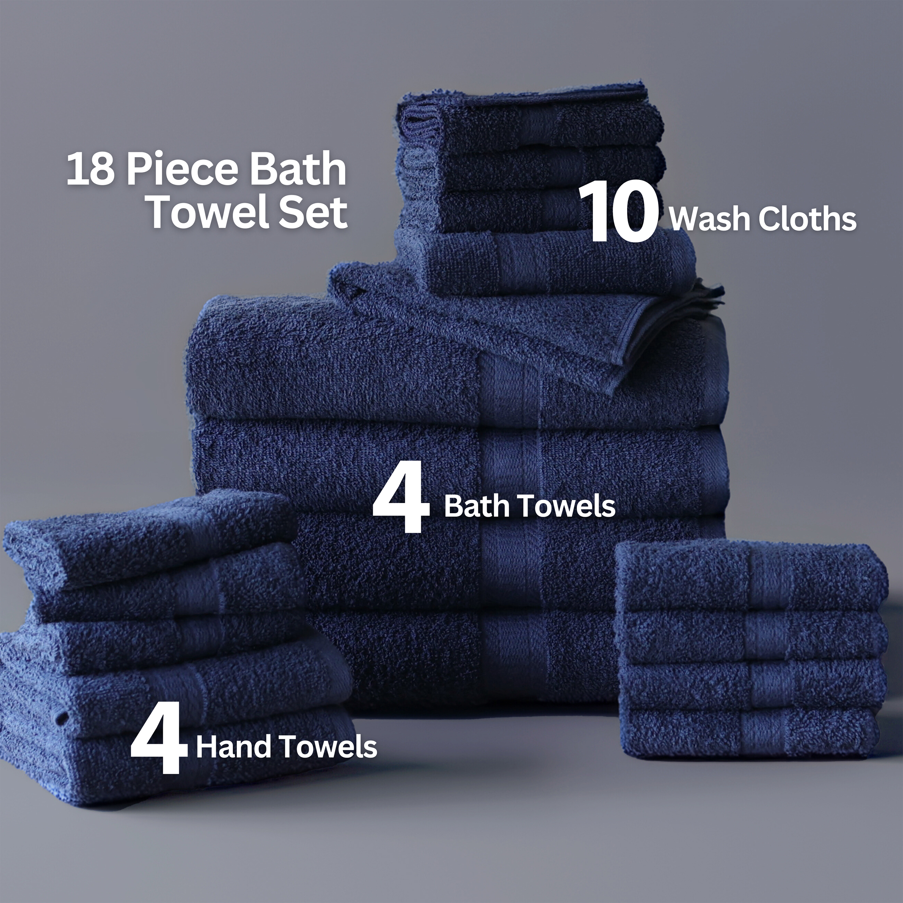 Mainstays 18-Piece 100% Cotton Towel Set, Navy photo 3