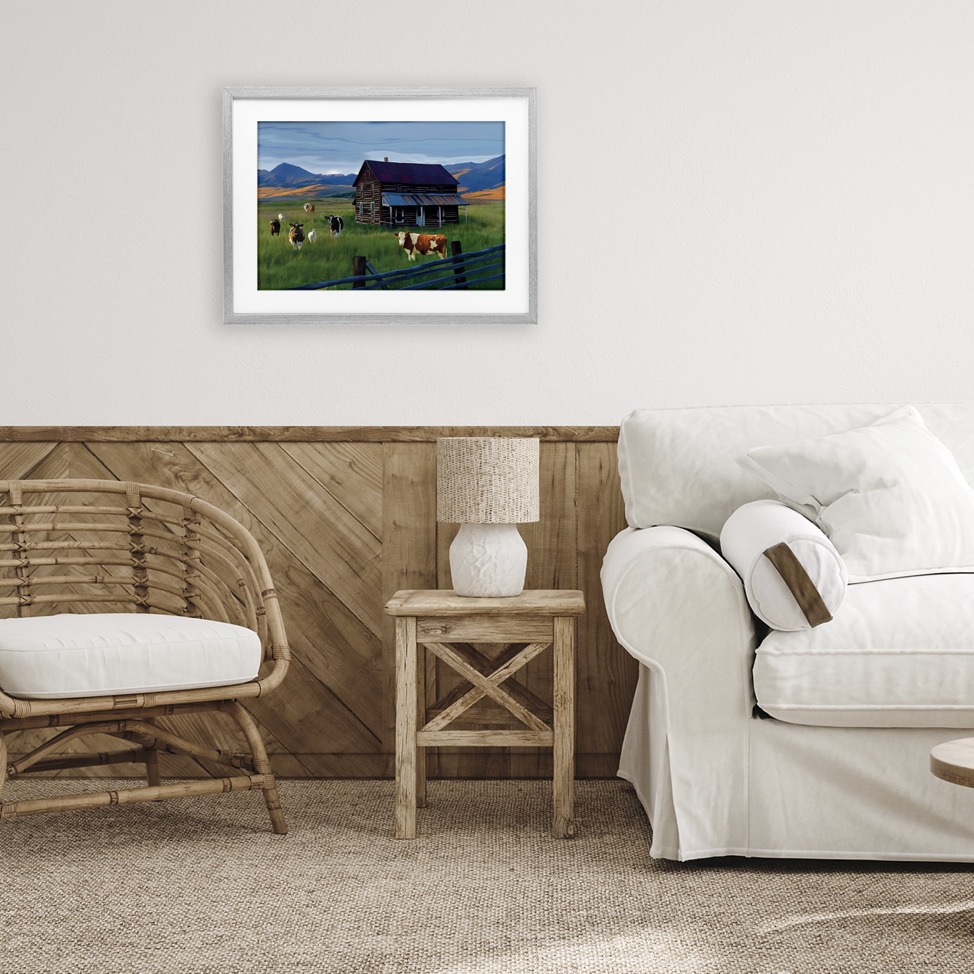 Stupell Industries Grazing Cattle at Solitary Cabin Gray Framed Print Under Glass, design by Renel Peters