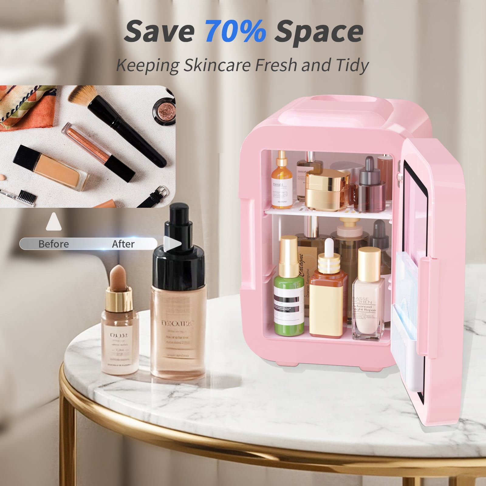 Skincare Fridge Mini Fridge for Bedroom with Dimmable LED Mirror, 4Liter/6 Cans Cooler and Warmer for Makeup, Cosmetic, Beauty, Portable Refrigerator for Bedroom, Vanity, Office and Car- Pink