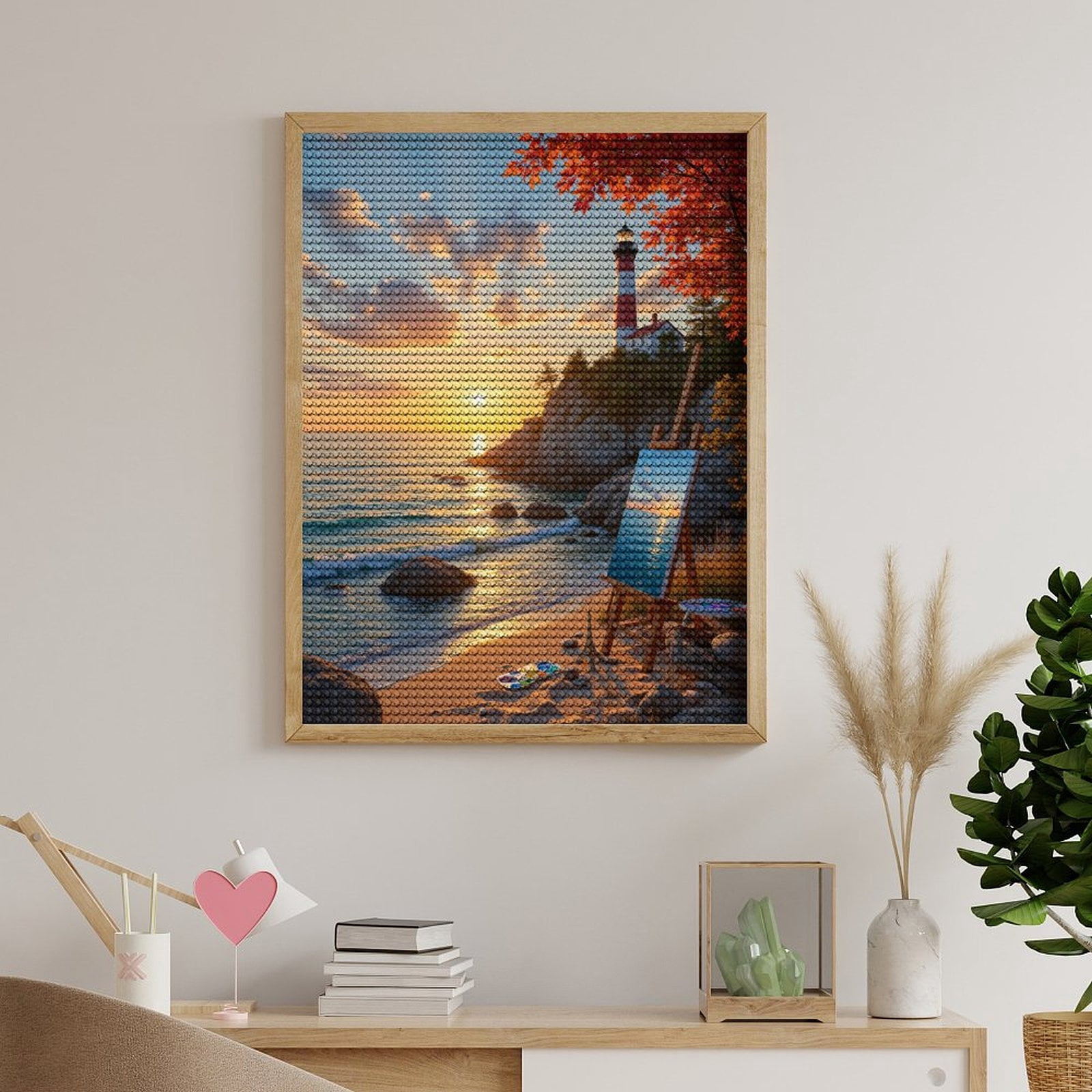 Diamond Art Kits for Adults, Lighthouse Sunset Beach Painting Autumn 5D Diamond Painting Kits for Adults Beginners, DIY Full Drill Diamond Painting, Gem Art and Crafts 12x16