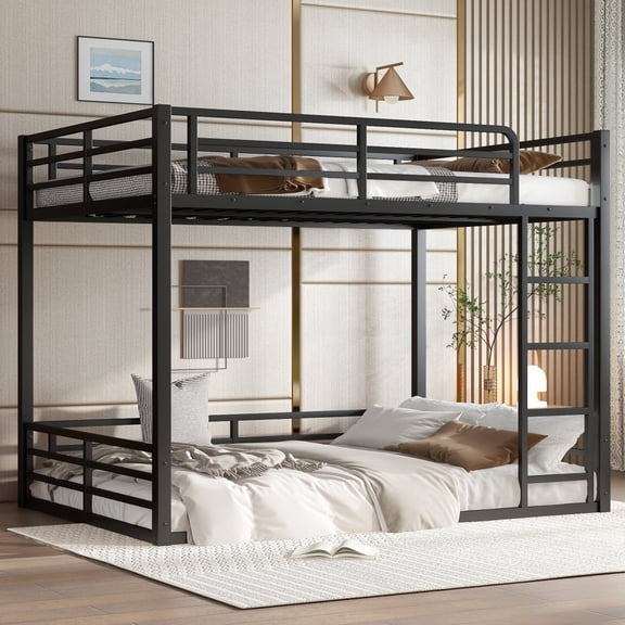 Full XL over Full XL Metal Floor Bunk Bed Frame – Heavy-Duty Low-Profile Bunk Bed with Full-Length Guardrails, Noise-Reduced Design for Kids, Teens & Adults, Space-Saving, Black