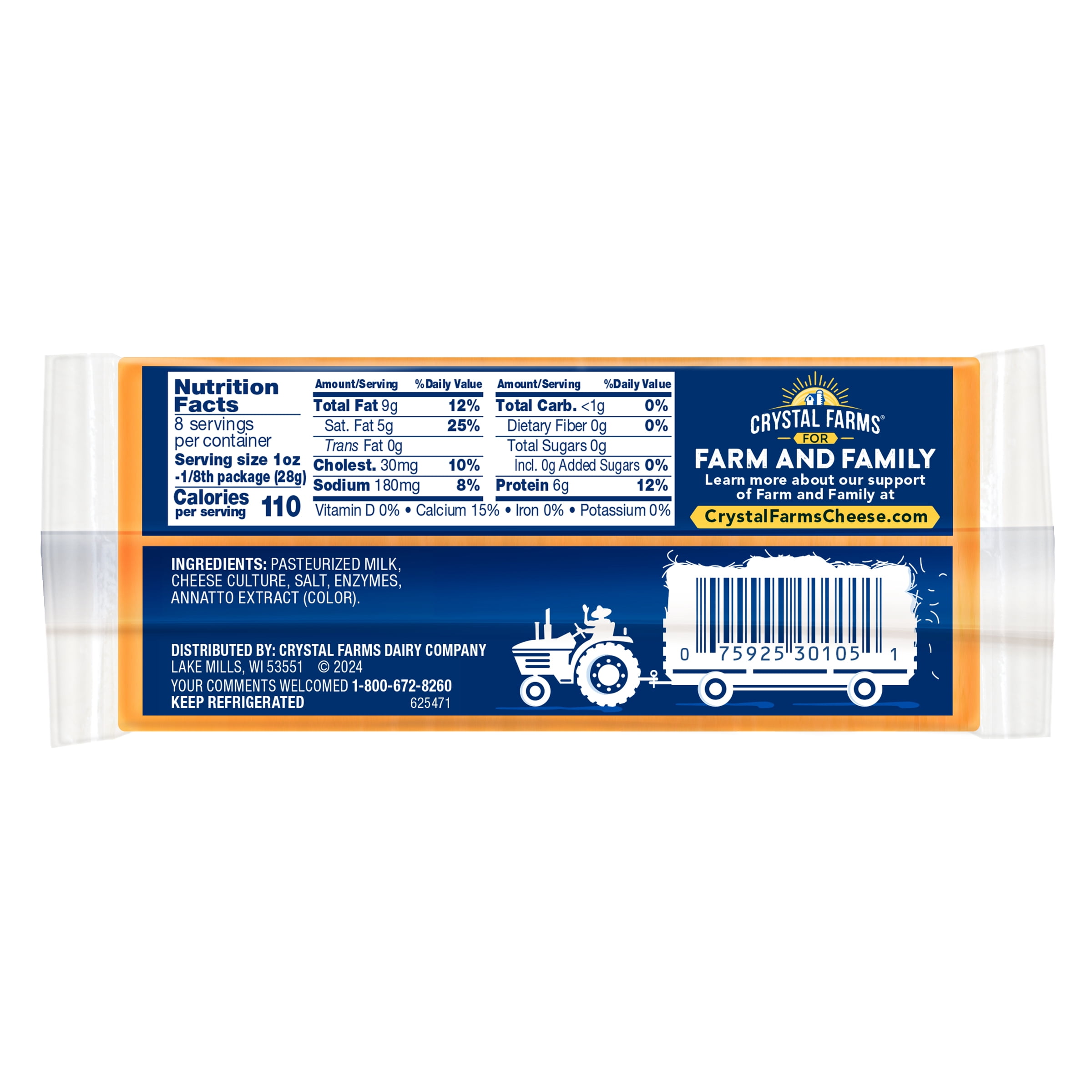 Crystal Farms Sharp Cheddar Cheese Block, 8 oz., Refrigerated, Plastic pack