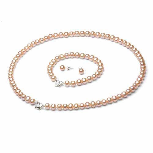 6-7mm Pink Freshwater Pearl Heart-Shape Sterling Silver Necklace (18"), Bracelet (7") Set with Bonus Pearl... by Jacqueline's Collection