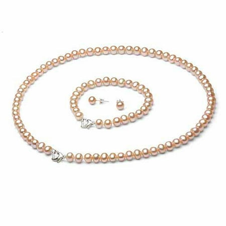 6-7mm Pink Freshwater Pearl Heart-Shape Sterling Silver Necklace (18), Bracelet (7) Set with Bonus Pearl Stud Earrings