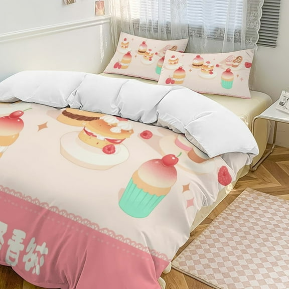 Cartoon Cake Duvet Cover Set King Size for Bedroom Decoration Print Bedding Set Comforter Cover Decorative Microfiber with 2 Pillow Sham Multicolor