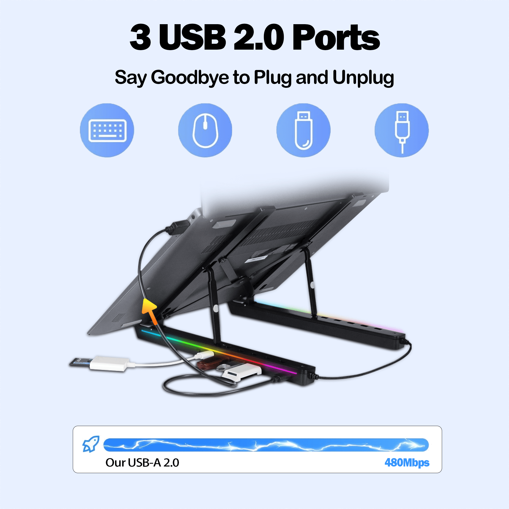 TIKBBRMG Laptop Docking Station Stand, Portable USB C Hub 5 in 1 Multiport Adapter with 3 USB Ports and Storage Bag, 12 Levels RGB Light Universal Dock Station for MacBook Pro/Air/HP/Surface/Lenovo