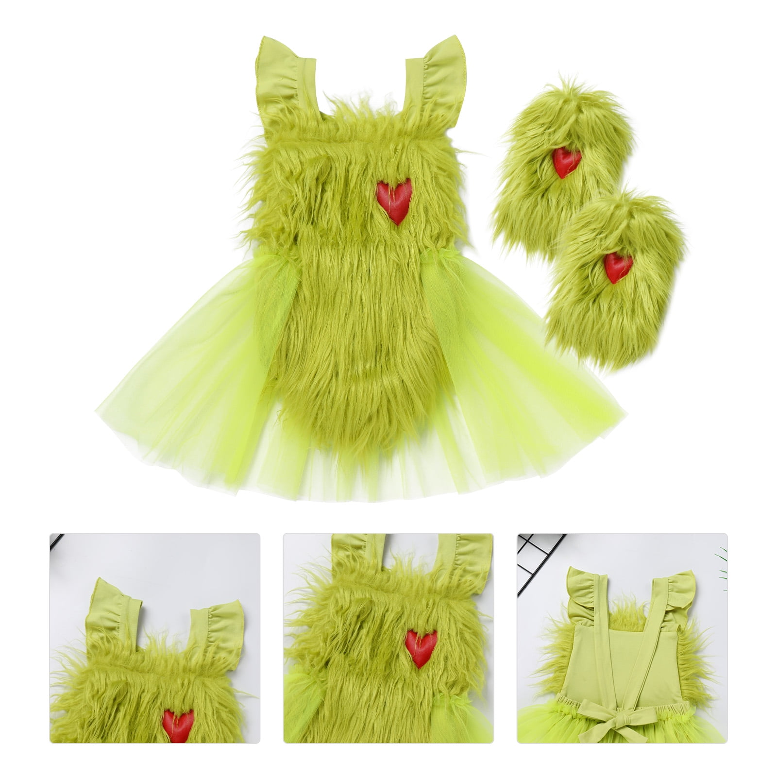 FYMNSI Baby Girl Christmas Outfit Toddler Green Faux Fur Romper Tutu Dress with Leg Warmers Xmas Dress Up Clothes