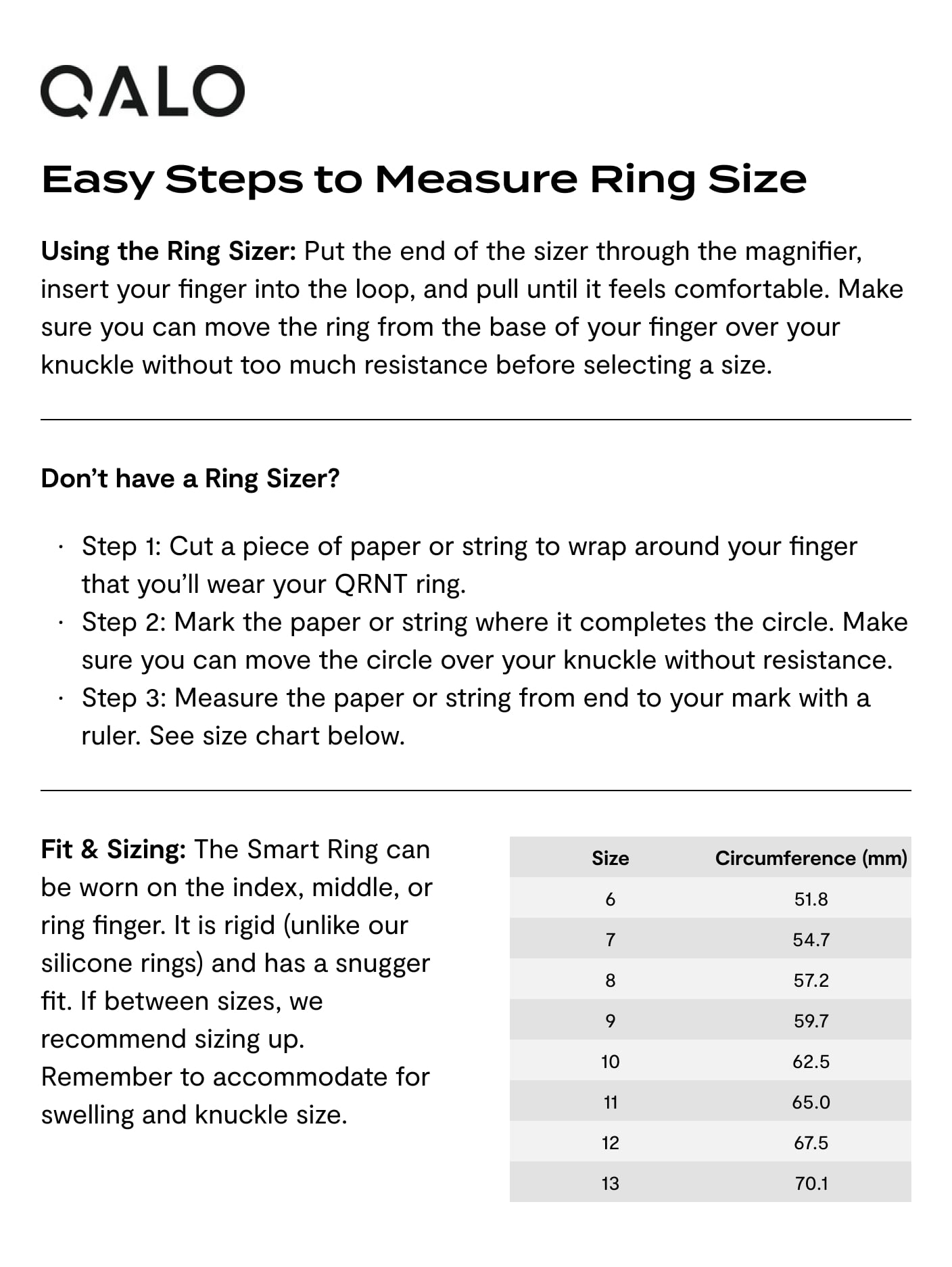 QALO QRNT Slim Smart Ring Sizer, Find Your Fit and Redeem Online