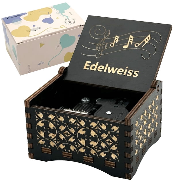 Caja de música Pursuestar Edelweiss, madera grabada vintage