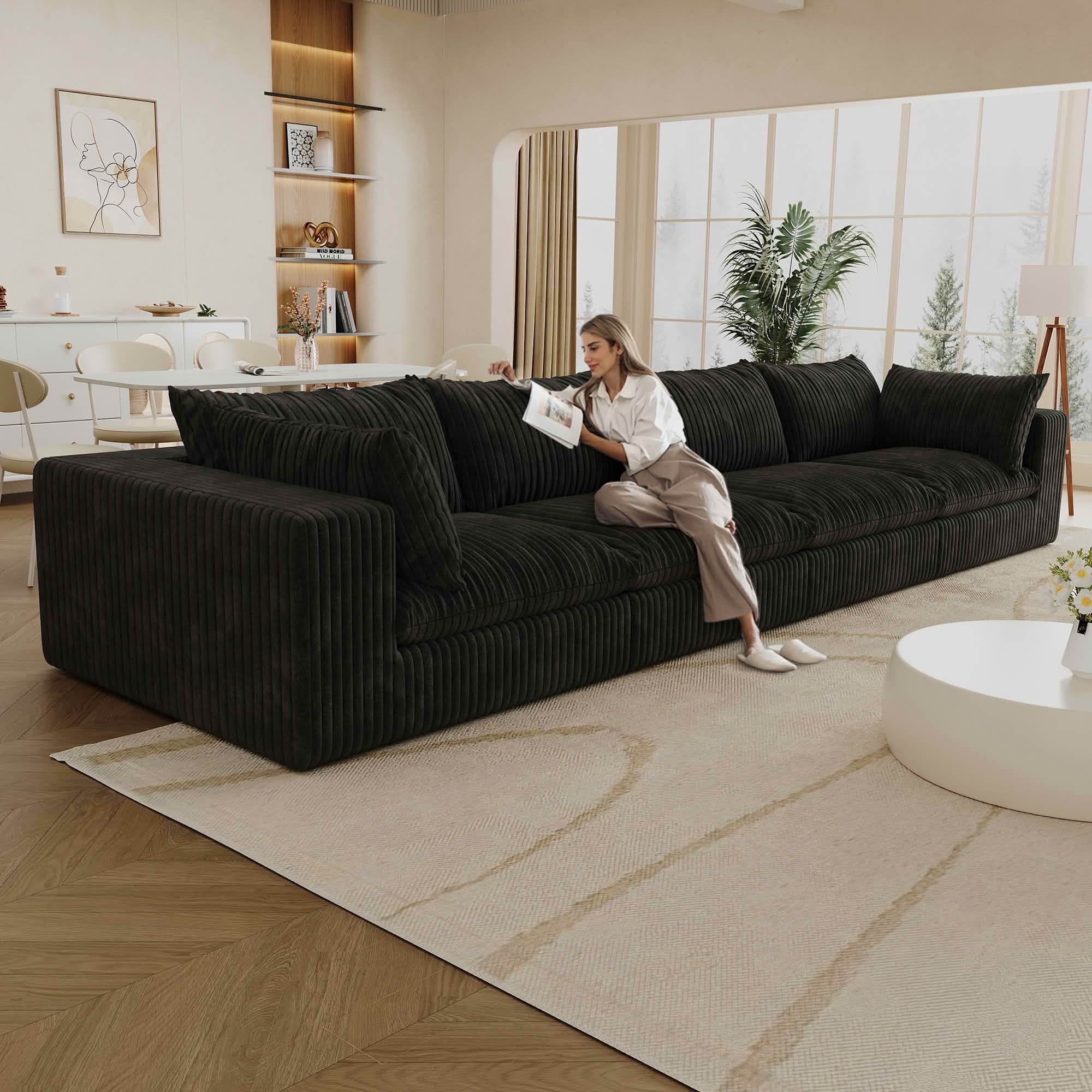 MAYEERTY 157.6" Cloud Corduroy Sofa, Deep Seat Double-Layer Design, Removable Cushion No Assembly, DIY Combination, Black