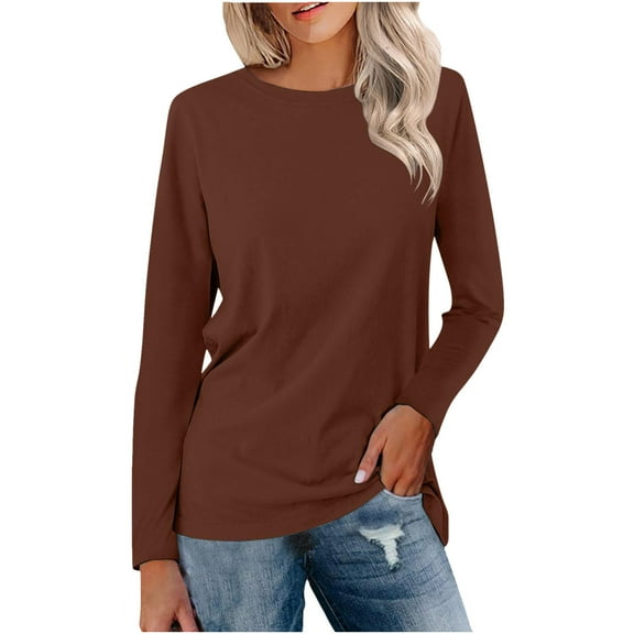 Giftesty Womens Shirts Plus Size Women's Solid Round-Neck Long Sleeve Top