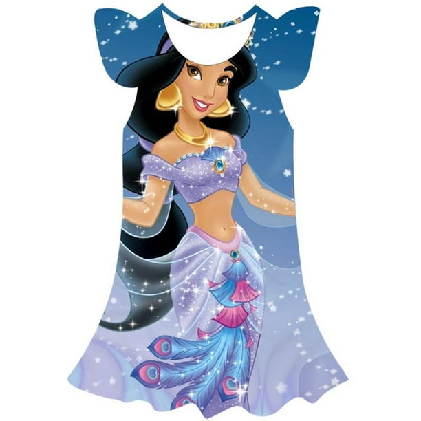 Año 2023 nueva ropa de niños de Disney, falda bonita informal de verano, falda de cuello redondo de princesa jazmín, vestido de manga de pétalo con estampado 3D 7T Gao Jinjia LED