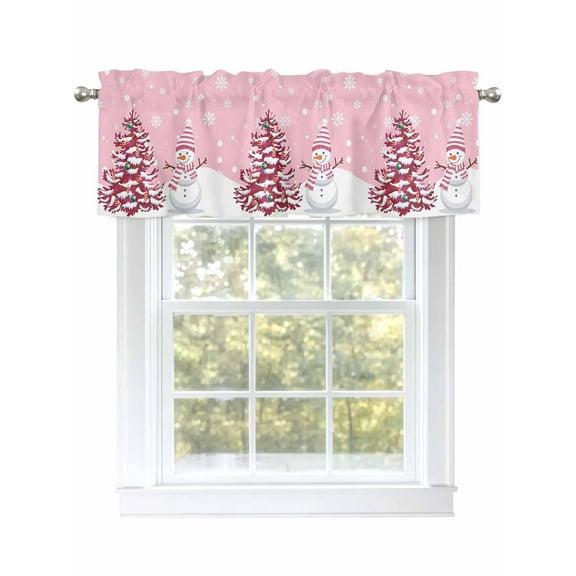 Pink Christmas Valances for Windows Snowman Christmas Tree Winter Snowflakes Rod Pocket Curtains Valance Short Window Treatment Drapes for Living Room, Bedroom Bathroom 42" W x 12" L