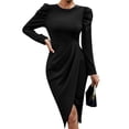 thumbnail image 1 of Vestido Midi de Fiesta para Mujer, Cuello Redondo, Color Liso, Abertura Lateral, Corte Ajustado, Larga Negro XXL, 1 of 7