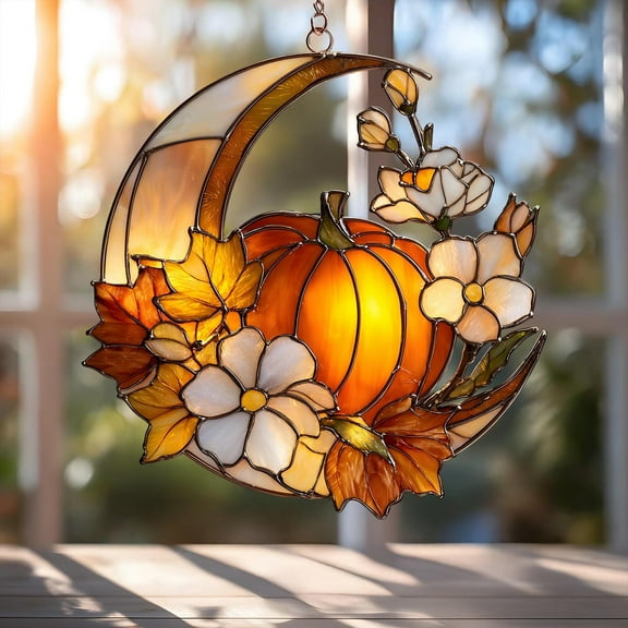Pumpkin Moon Acrylic Suncatcher ? Faux Stained Glass Window Hanging, Fall Harvest Thanksgiving D‚cor Gift