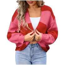 Tawop Cardigans Woman Casual Autumn Loose Striped Printed Long Sleeve Cardigan Large Size Sweater Top Red Xl
