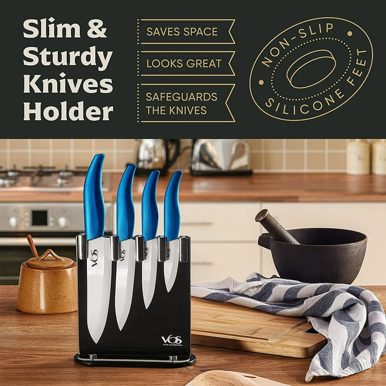 Vos Ceramic Knives with Block Holder - 4-Pc Kitchen Knife Set for  Vegetables, Fruit, & Meat - 6 Chef Knife, 5 Utility Knife, 4 Paring Knife,  3 Multipurpose Knife - Gift Box (