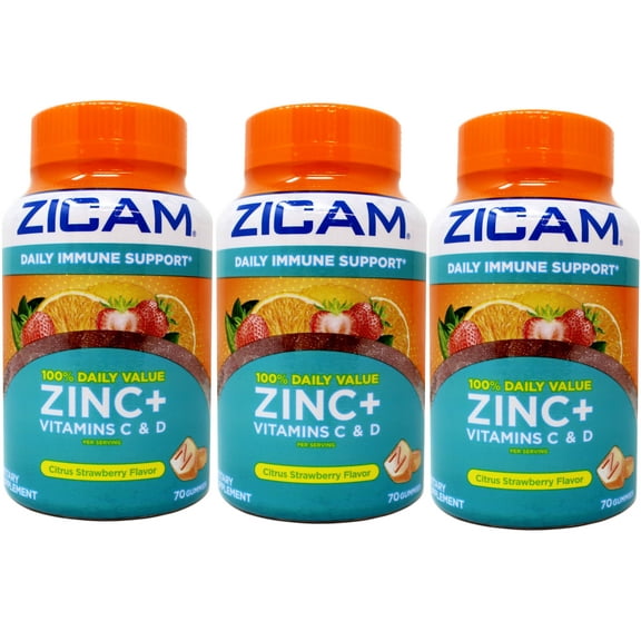 3 Pack - Zicam Daily Immune Support, Gummy Supplement, Zinc, Vitamin C & Vitamin D, Citrus Strawberry Flavor, 70 Count