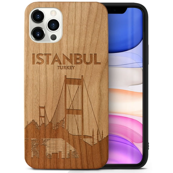 Case Yard Wooden Case Outside Soft TPU Silicone Slim Fit Shockproof Wood Phone Cover for Girls Boys Men and Women Supports Wireless Charging Istanbul Bridge Design case for iPhone-12-Pro-Max